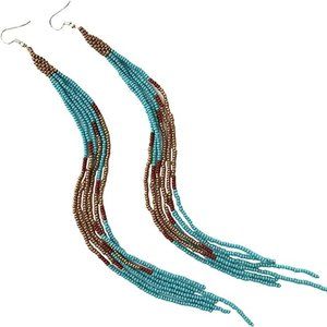Long 9 Inch Turquoise Blue Bronze Beaded Tassel Earrings Aqua Dangle Statement